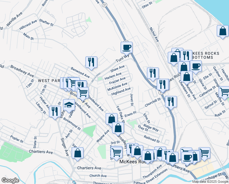 map of restaurants, bars, coffee shops, grocery stores, and more near 80 Highland Avenue in McKees Rocks