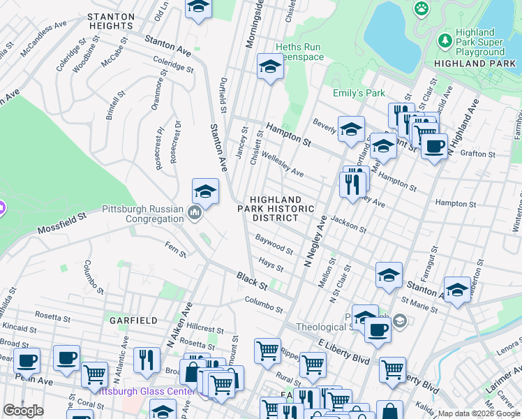 map of restaurants, bars, coffee shops, grocery stores, and more near 5429 Stanton Avenue in Pittsburgh