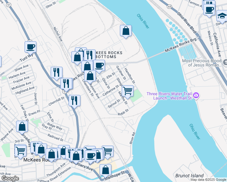 map of restaurants, bars, coffee shops, grocery stores, and more near 304 Catherine Street in McKees Rocks
