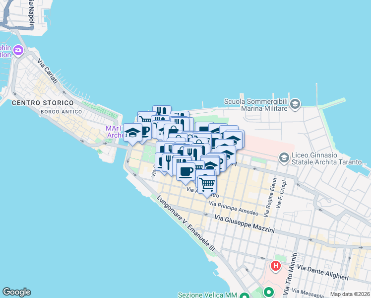 map of restaurants, bars, coffee shops, grocery stores, and more near 1-3 Via Ciro Giovinazzi in Taranto