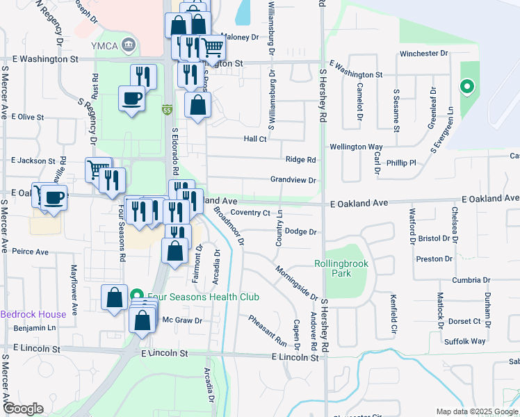 map of restaurants, bars, coffee shops, grocery stores, and more near 2816 Coventry Court in Bloomington