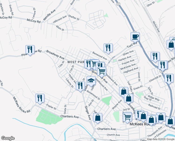 map of restaurants, bars, coffee shops, grocery stores, and more near 821 Broadway Avenue in McKees Rocks