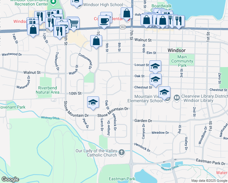map of restaurants, bars, coffee shops, grocery stores, and more near 714 Parkview Mountain Drive in Windsor