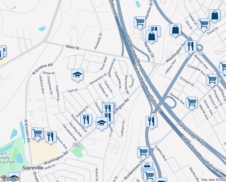 map of restaurants, bars, coffee shops, grocery stores, and more near 8 Carter Place in Sayreville