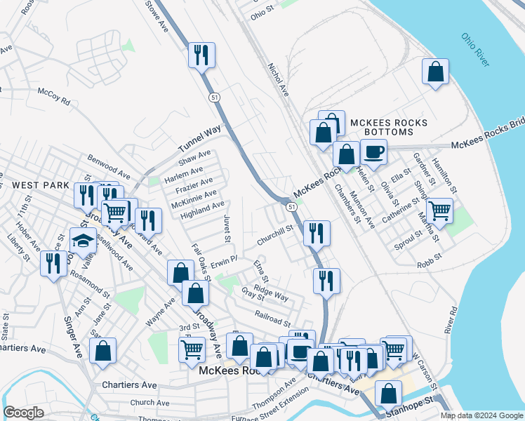 map of restaurants, bars, coffee shops, grocery stores, and more near 737 Camp Street in McKees Rocks
