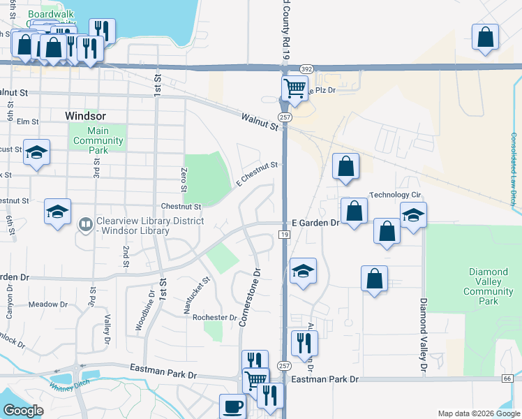 map of restaurants, bars, coffee shops, grocery stores, and more near 721 Kenosha Court in Windsor