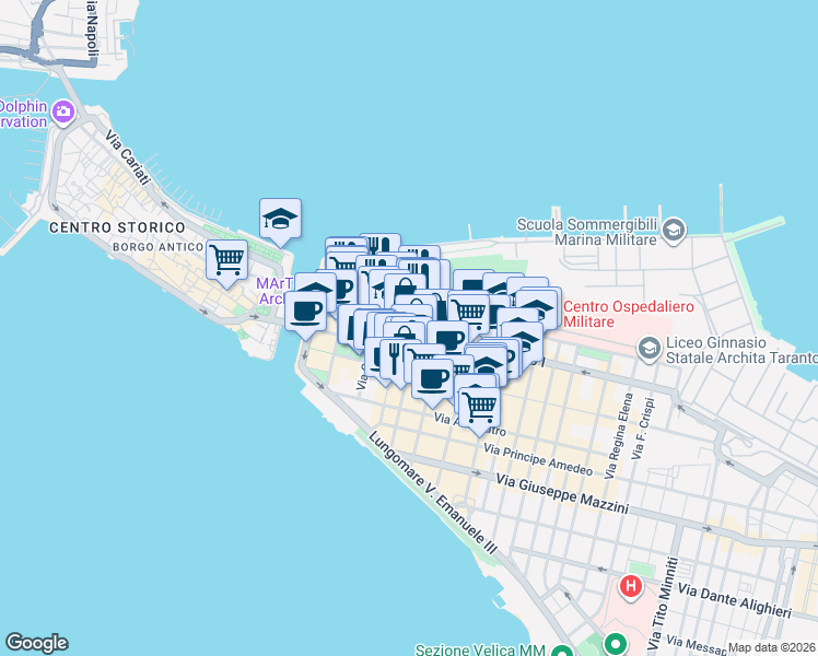 map of restaurants, bars, coffee shops, grocery stores, and more near 69 Corso Umberto I in Taranto