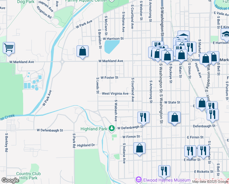 map of restaurants, bars, coffee shops, grocery stores, and more near 802 West Virginia Avenue in Kokomo
