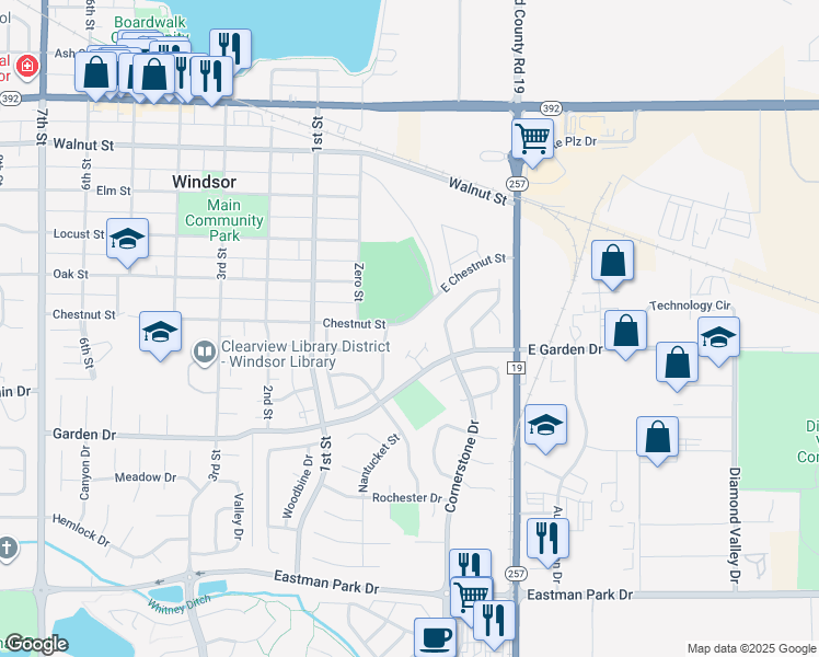 map of restaurants, bars, coffee shops, grocery stores, and more near 103 East Chestnut Street in Windsor