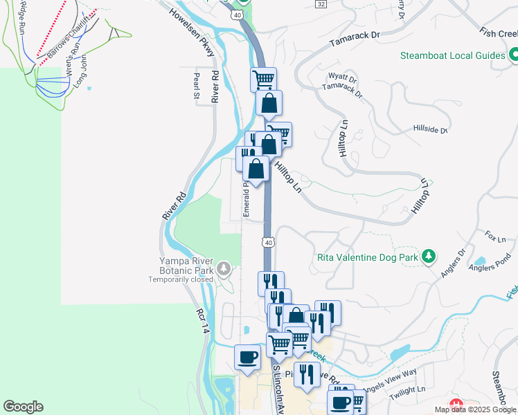 map of restaurants, bars, coffee shops, grocery stores, and more near 775 Lincoln Avenue in Steamboat Springs