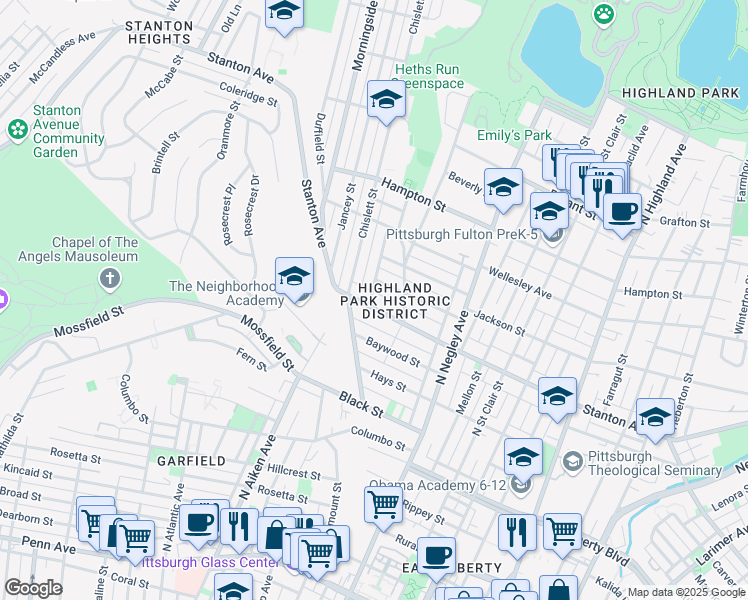 map of restaurants, bars, coffee shops, grocery stores, and more near 5443 Stanton Avenue in Pittsburgh