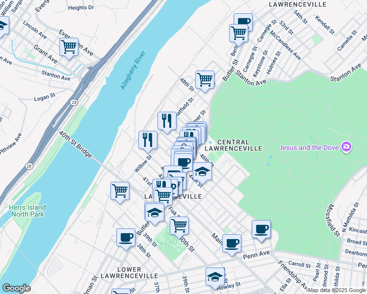 map of restaurants, bars, coffee shops, grocery stores, and more near in Pittsburgh