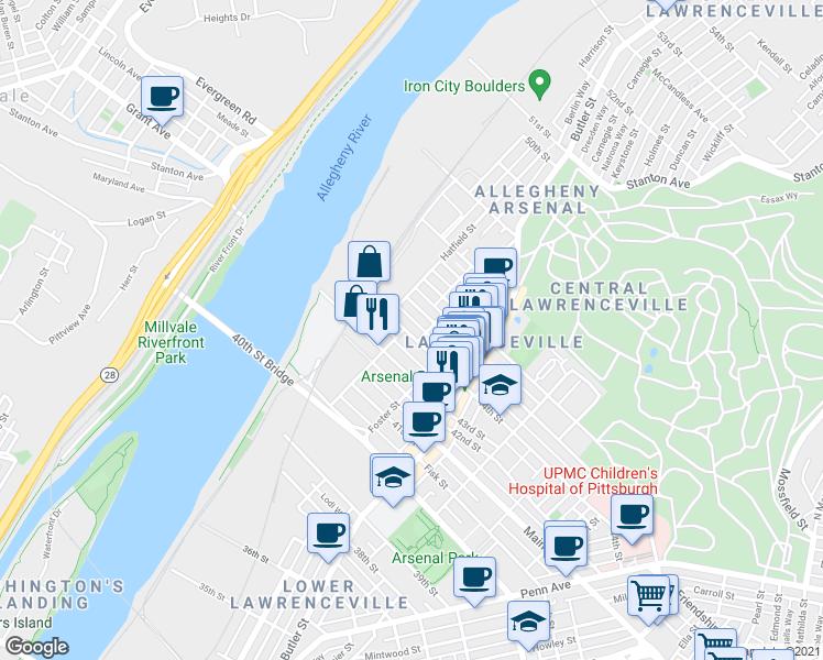 map of restaurants, bars, coffee shops, grocery stores, and more near 132 44th Street in Pittsburgh