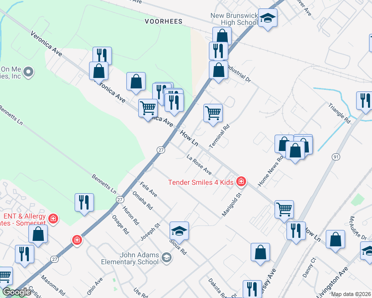 map of restaurants, bars, coffee shops, grocery stores, and more near 1211 Delaware Drive in North Brunswick Township