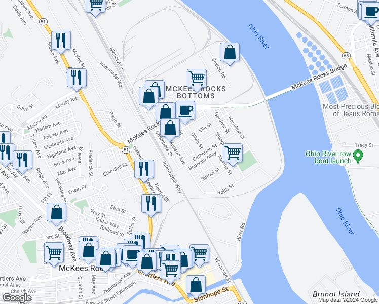 map of restaurants, bars, coffee shops, grocery stores, and more near 17 Helen Street in McKees Rocks