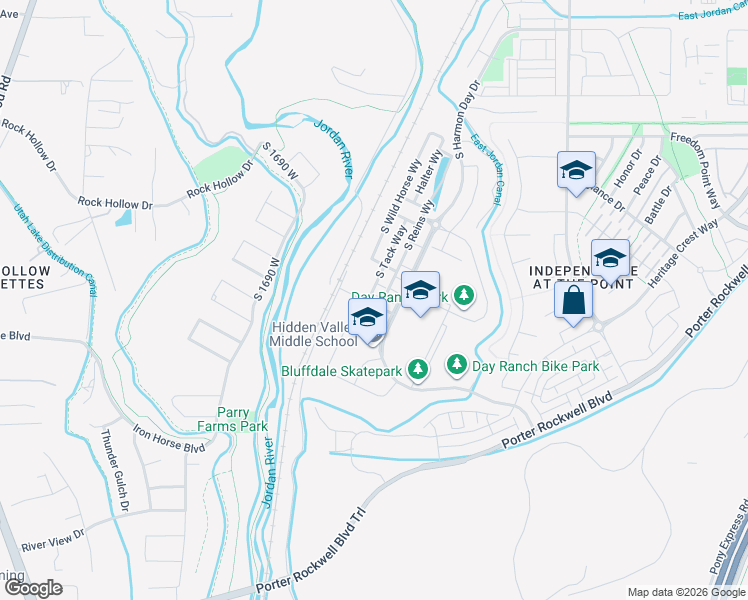 map of restaurants, bars, coffee shops, grocery stores, and more near 1270 West Cinch Way in Bluffdale