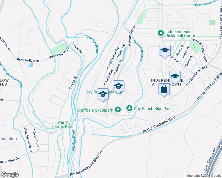 map of restaurants, bars, coffee shops, grocery stores, and more near 15313 South Reins Way in Bluffdale
