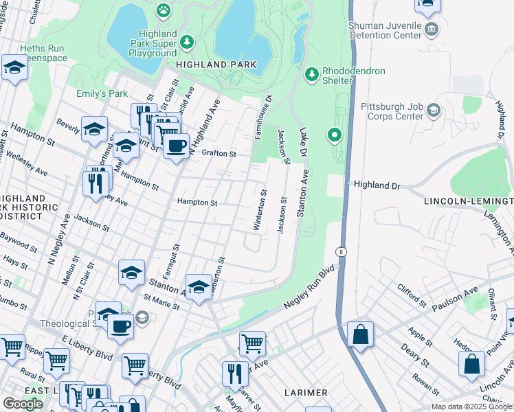 map of restaurants, bars, coffee shops, grocery stores, and more near 1103 Winterton Street in Pittsburgh