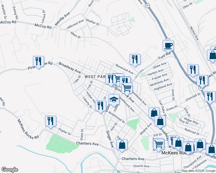 map of restaurants, bars, coffee shops, grocery stores, and more near 827 Broadway Avenue in McKees Rocks