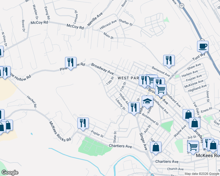 map of restaurants, bars, coffee shops, grocery stores, and more near 1142 12th Street in McKees Rocks