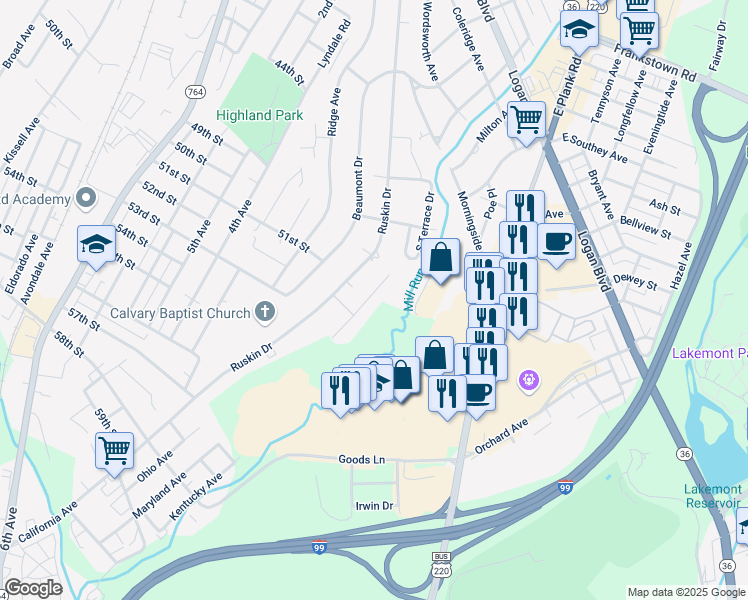map of restaurants, bars, coffee shops, grocery stores, and more near 623 Claybrooke Drive in Altoona