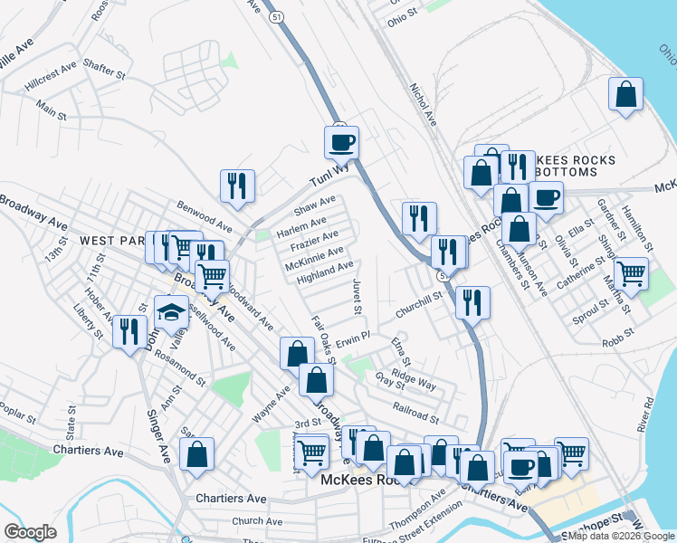 map of restaurants, bars, coffee shops, grocery stores, and more near 43 Highland Avenue in McKees Rocks