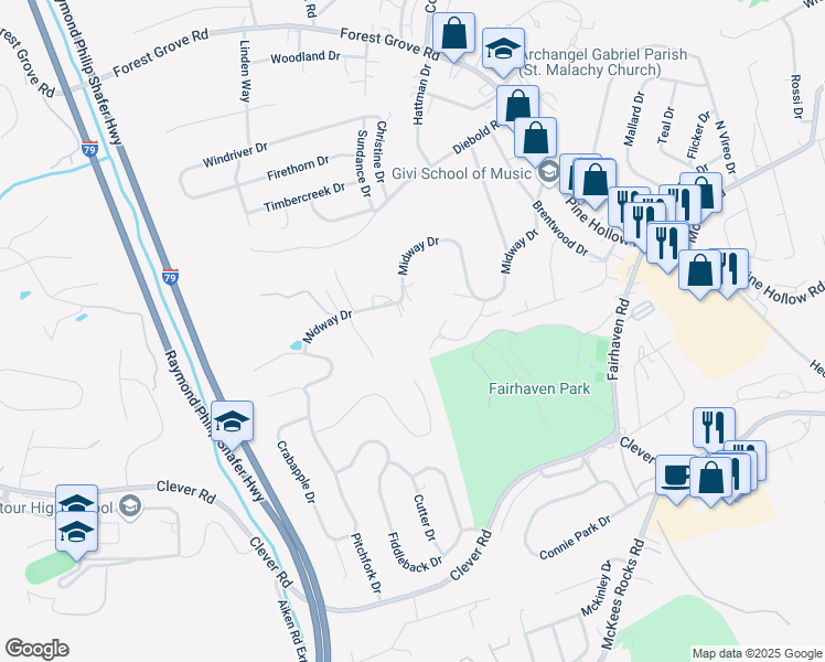 map of restaurants, bars, coffee shops, grocery stores, and more near 121 Park Place in McKees Rocks