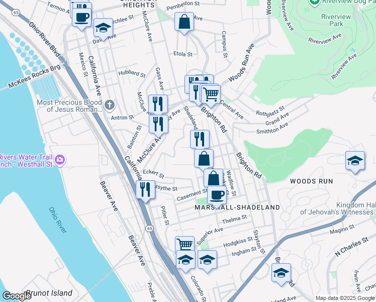 map of restaurants, bars, coffee shops, grocery stores, and more near 41 Complete Street in Pittsburgh