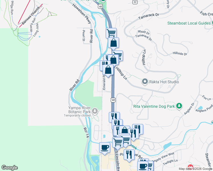 map of restaurants, bars, coffee shops, grocery stores, and more near 775 Lincoln Avenue in Steamboat Springs