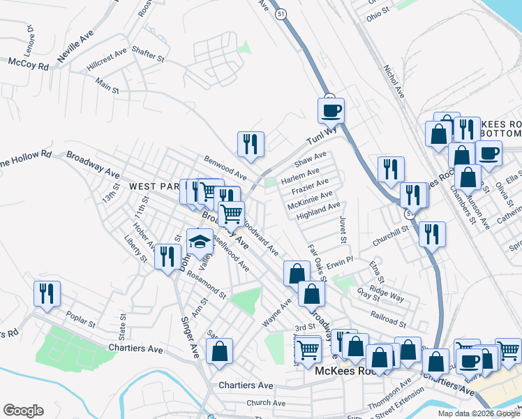 map of restaurants, bars, coffee shops, grocery stores, and more near 818 Lamont Street in McKees Rocks