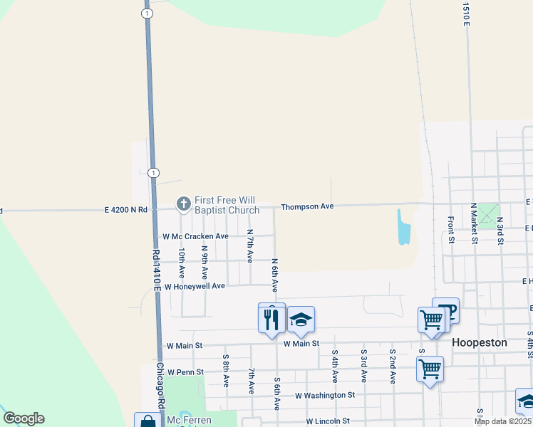 map of restaurants, bars, coffee shops, grocery stores, and more near 501-525 North 6th Avenue in Hoopeston