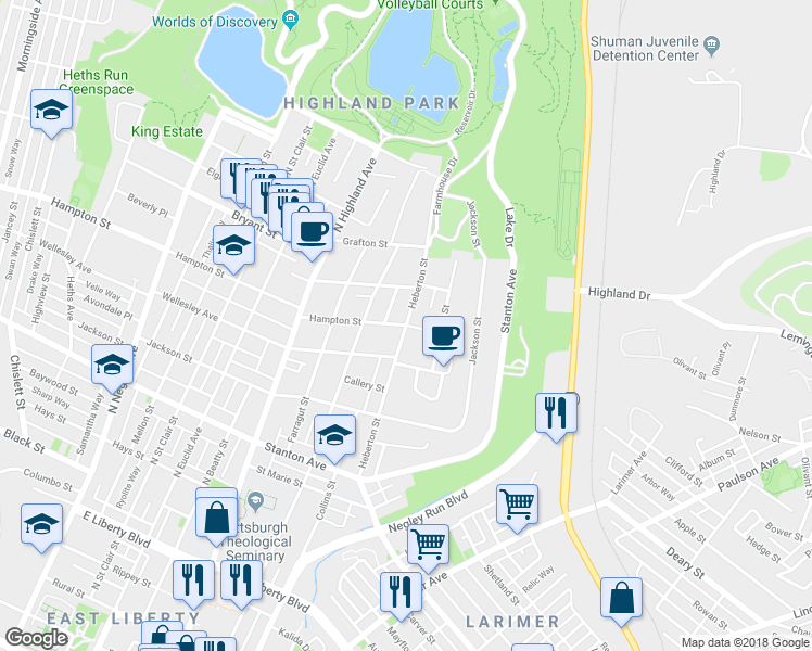 map of restaurants, bars, coffee shops, grocery stores, and more near 6298 Hampton Street in Pittsburgh