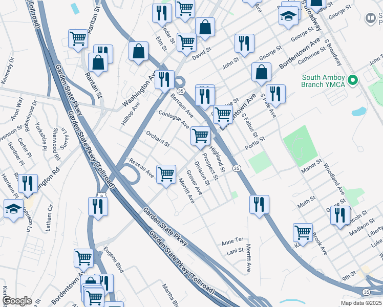 map of restaurants, bars, coffee shops, grocery stores, and more near 726 Bordentown Avenue in South Amboy