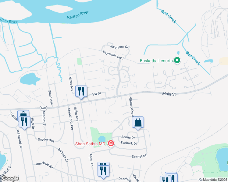 map of restaurants, bars, coffee shops, grocery stores, and more near 630B Main Street in Sayreville