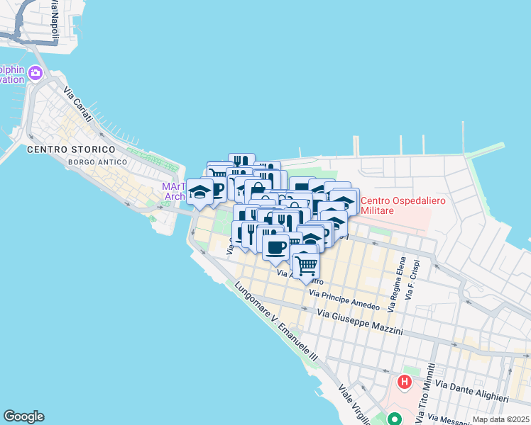 map of restaurants, bars, coffee shops, grocery stores, and more near 1-3 Via Ciro Giovinazzi in Taranto