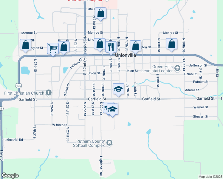 map of restaurants, bars, coffee shops, grocery stores, and more near 1901 Adams Street in Unionville