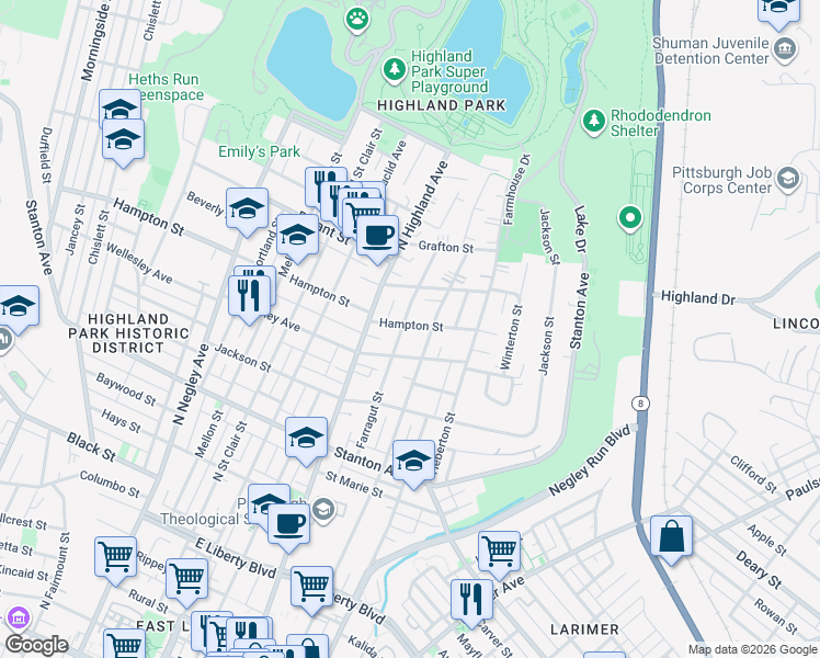 map of restaurants, bars, coffee shops, grocery stores, and more near 1027 North Sheridan Avenue in Pittsburgh