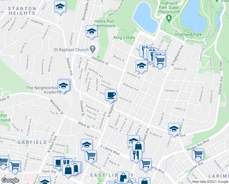 map of restaurants, bars, coffee shops, grocery stores, and more near 915 North Negley Avenue in Pittsburgh