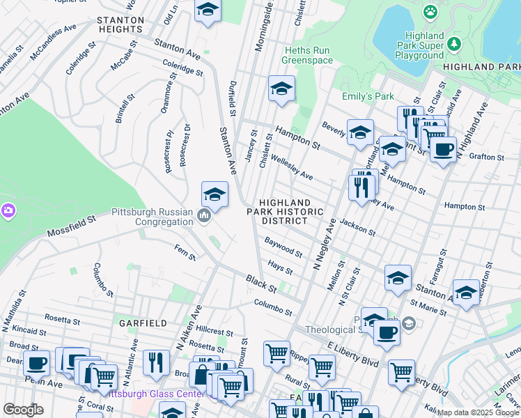 map of restaurants, bars, coffee shops, grocery stores, and more near 5400 Stanton Avenue in Pittsburgh