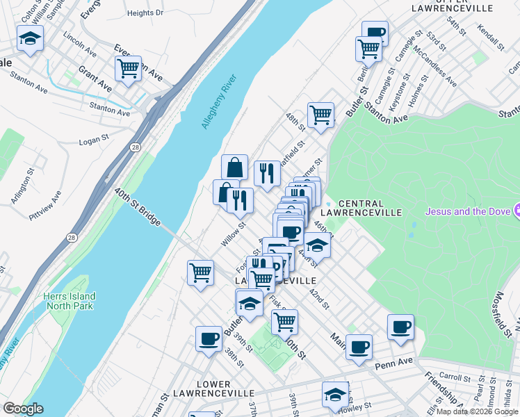 map of restaurants, bars, coffee shops, grocery stores, and more near 132 44th Street in Pittsburgh