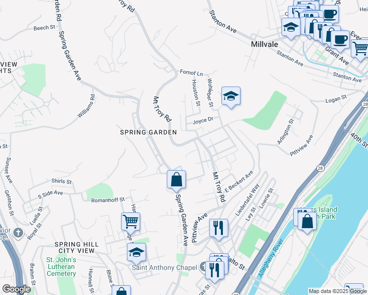 map of restaurants, bars, coffee shops, grocery stores, and more near 2653 Mount Troy Road in Pittsburgh