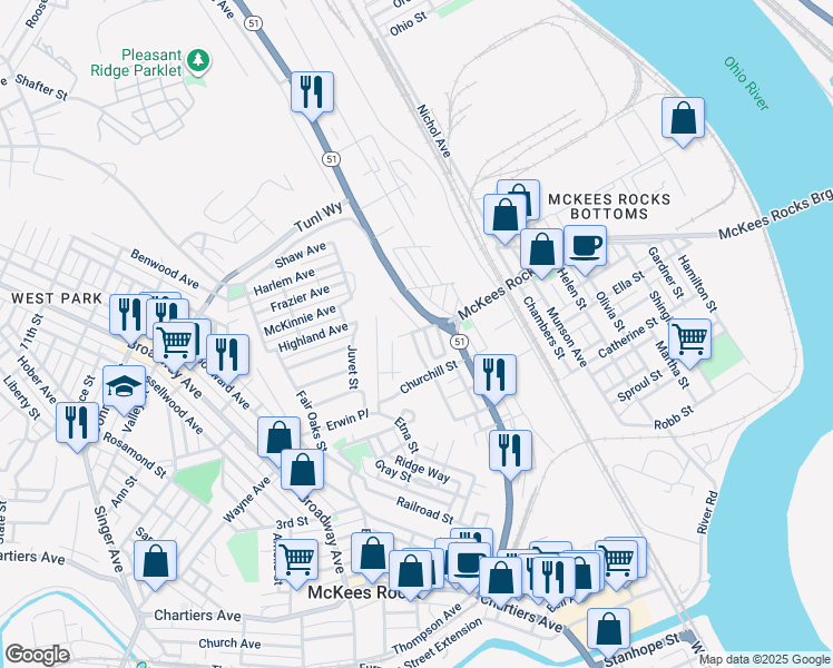 map of restaurants, bars, coffee shops, grocery stores, and more near 737 Camp Street in McKees Rocks