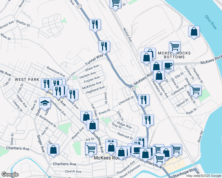 map of restaurants, bars, coffee shops, grocery stores, and more near 749 Frederick Street in McKees Rocks