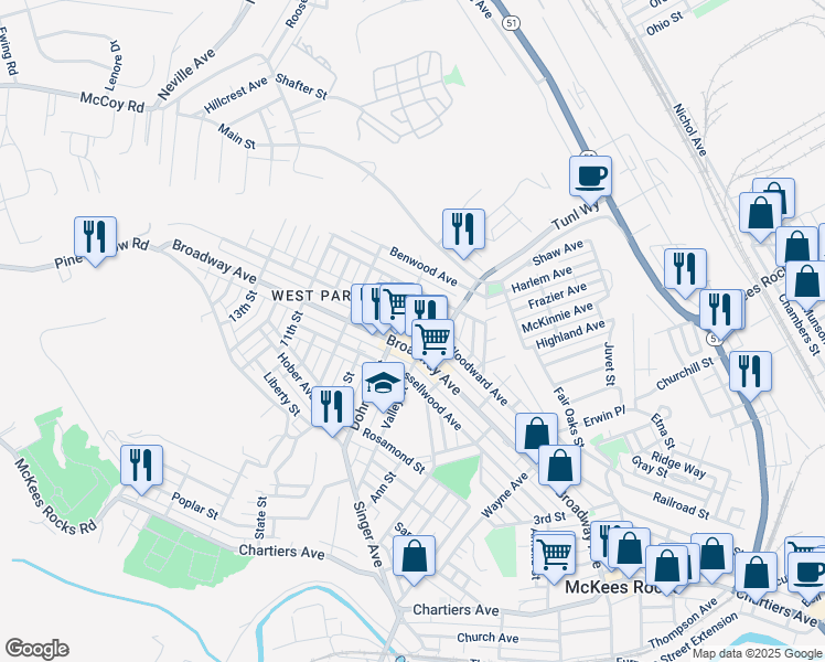 map of restaurants, bars, coffee shops, grocery stores, and more near 732 Broadway Avenue in McKees Rocks