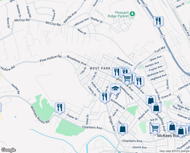 map of restaurants, bars, coffee shops, grocery stores, and more near 1118 11th Street in McKees Rocks