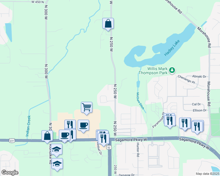 map of restaurants, bars, coffee shops, grocery stores, and more near 3877 Amber Lane in West Lafayette