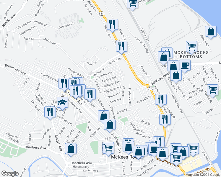 map of restaurants, bars, coffee shops, grocery stores, and more near 64 Highland Avenue in McKees Rocks