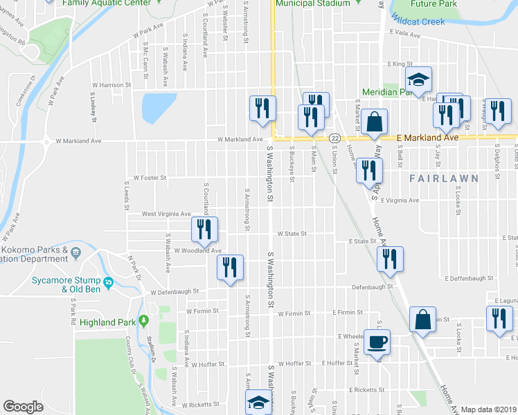 map of restaurants, bars, coffee shops, grocery stores, and more near 349 West Virginia Avenue in Kokomo
