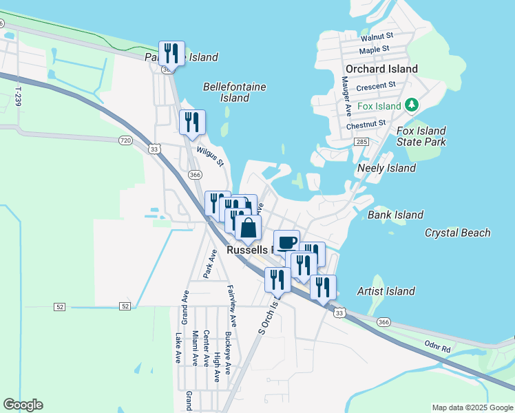 map of restaurants, bars, coffee shops, grocery stores, and more near 129 Chase Avenue in Russells Point