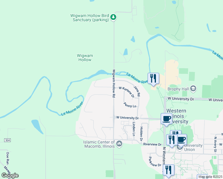 map of restaurants, bars, coffee shops, grocery stores, and more near 1001-1099 Wigwam Hollow Rd in Macomb